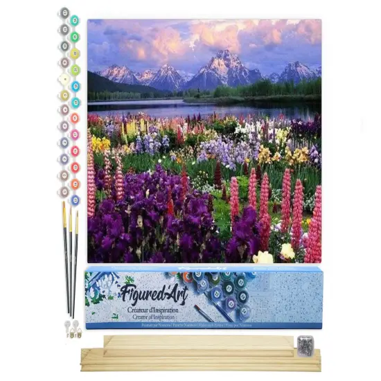Figured'Art Paint by Numbers Kit for Adults Flowers and Lake near the Mountain 16"x20" - Craft Art Painting Rolled Canvas with DIY wooden frame {1}