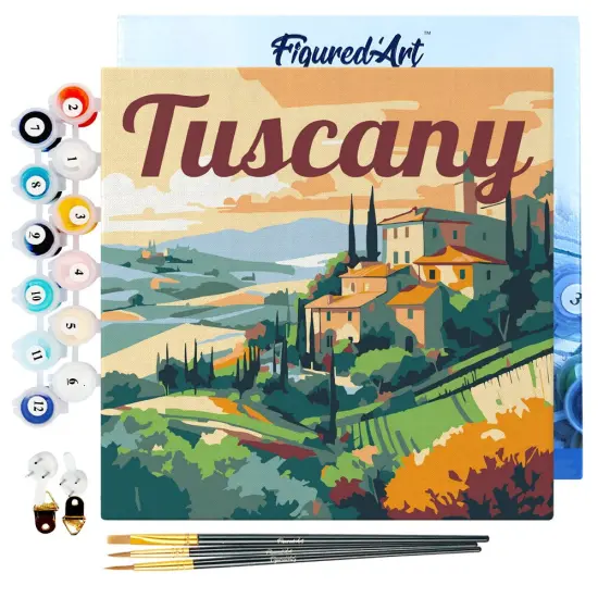 Figured'Art Mini Paint by Numbers Kit for Adults with Frame Travel Poster Tuscany Summer Small format 8"x8" - Craft Art Painting DIY Canvas Already Stretched on a Wooden Frame {1}