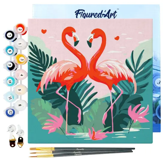 Figured'Art Mini Paint by Numbers Kit for Adults with Frame Tropical Flamingos Small format 8"x8" - Craft Art Painting DIY Canvas Already Stretched on a Wooden Frame {1}
