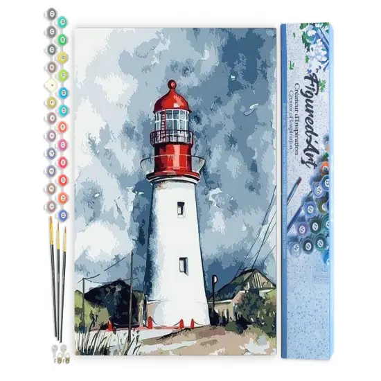 Figured'Art Paint by Numbers for Adults Lighthouse under a Cloudy Sky 16"x20" - Craft Art Painting DIY Kit Rolled Canvas without frame {1}