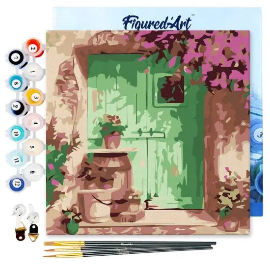 Figured'Art Mini Paint by Numbers Kit for Adults with Frame Green Door Small format 8"x8" - Craft Art Painting DIY Canvas Already Stretched on a Wooden Frame {1}