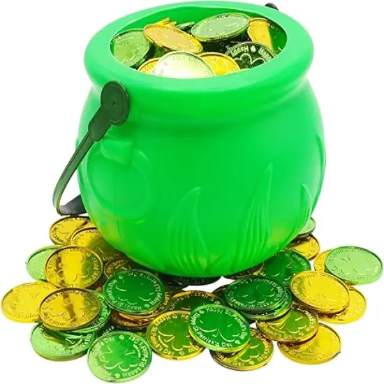 5" St Patrick&rsquo;s Day Pot of Gold with 100 Lucky Coins - Green Pot of Gold Cauldron Plastic Bucket for Leprechaun Decorations, Green & Gold Coins Plastic Bulk by 4E's Novelty {1}
