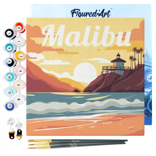 Figured'Art Mini Paint by Numbers Kit for Adults with Frame Travel Poster Malibu Small format 8"x8" - Craft Art Painting DIY Canvas Already Stretched on a Wooden Frame {1}