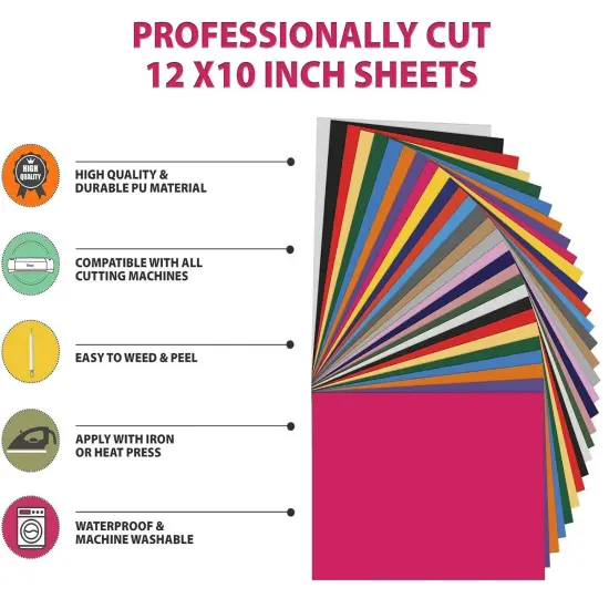 30-Piece Heat Transfer Vinyl Sheets | 23 Colors in 12" x 10", Teflon Sheet {2}