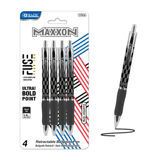 BAZIC Maxxon 1.4 mm Tip Black FUSE Tech Ink Retractable Pen w/ Cushion Grip (4/Pack) {1}