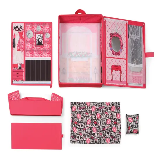 Badger Basket Home & Go Dollhouse Playset Travel & Storage Case with Bed/Bedding for 12-inch Fashion Dolls - Pink/Multi {5}