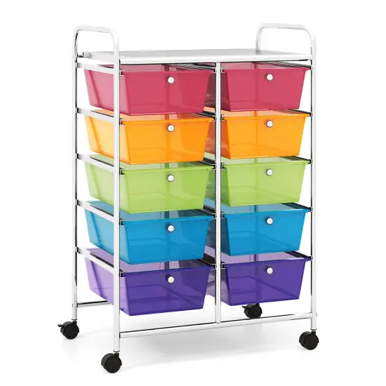 Costway 10-Drawer Storage Cart Utility Rolling Trolley Kitchen Office Organizer Black/Clear/Macaron/Grey/Black Gardient/Multicolor/Pink/RainbowithWhite/Hot Pink/Skin Pink/Purple {7}
