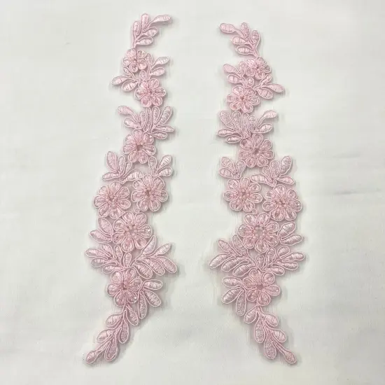 1 Pair 9.5" x 2" Each Side Beaded & Corded Floral Lace Applique Embroidered on 100% Polyester Net Mesh Pink {1}