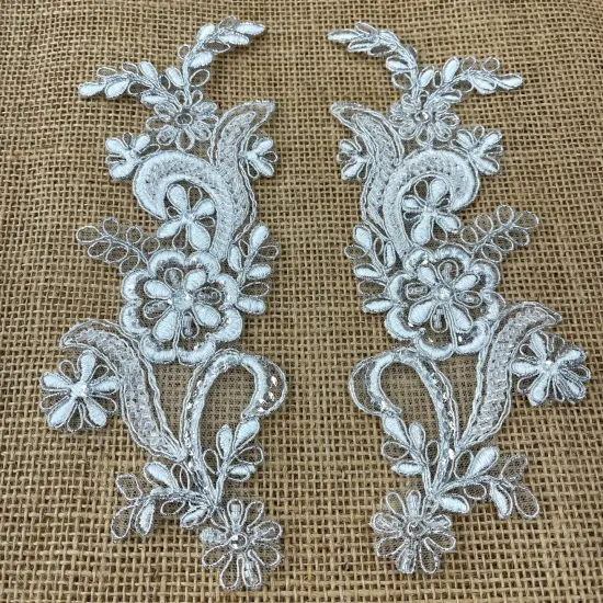 1 Pair Beaded & Corded Floral Lace Applique 9" x 2.5" Each Side White with Silver {1}