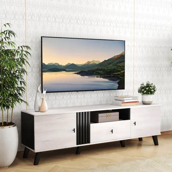 Costway Mid Century Modern TV Stand for 80" TVs with Open Shelf 2 Side Cabinets {5}