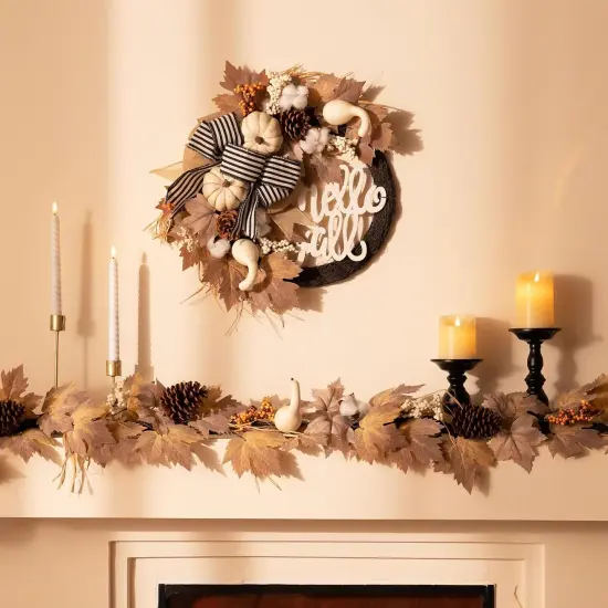 Neutral Autumn Door Wreath with Lights {2}