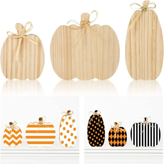 3Pcs Unfinished Pumpkin Wooden Cutout with Natural Raffia Pumpkin {1}