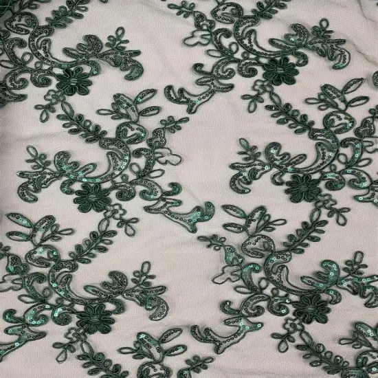 1 Yard Hunter Green Corded Sequin Lace Mesh Fabric with Double Scalloped Edge 54&rdquo; Wide {5}