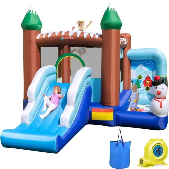 Costway Inflatable Bounce House Christmas Snowman Theme with Slide Ball Pit Basketball Rim with 680W Blower Carry Bag {7}