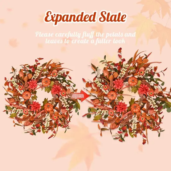 24" Pumpkin Fall Wreath with Colorful Mixed Leaves {2}