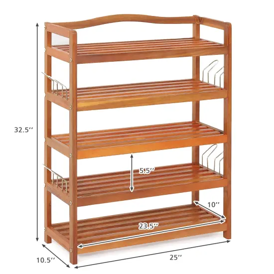 Costway 5-Tier Wood Shoe Rack Solid Acacia Wood Shoe Shelf with Side Metal Hooks {6}