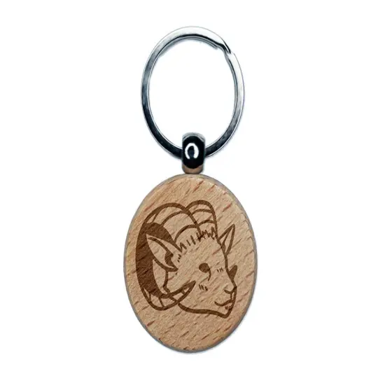 Proud Horned Goat Ram Head Engraved Wood Round Keychain Tag Charm {1}