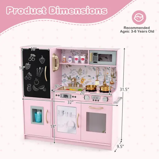 Costway Kid's Pretend Play Kitchen Toddler Kitchen Playset with Blackboard Pink/White/Light Pink/Beige {3}