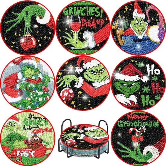 8 Pcs Christmas Diamond Painting Coasters Kits with Holder {1}