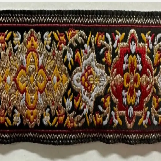 1" Jacquard Woven Metallic Ribbon Trim - 10 Continuous Yards! Black/red/gold {4}