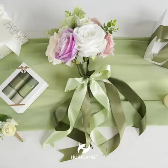 6 Rolls Sage Green Ribbon 1-1/2 inch Light Sage/Dusty Sage/Moss Green/Antique White Satin Ribbon Set for Flower Bouquet, Gift Wrapping, Hair Bows, Crafts, Eternal Flowers- {3}