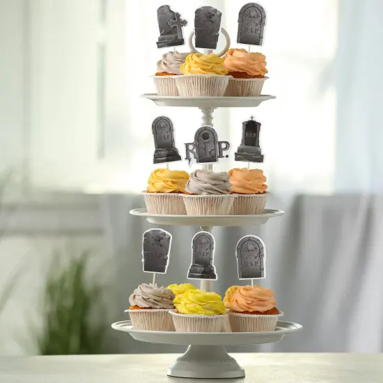 36 Pieces Halloween Cupcake Toppers 6 Designs Tombstone Graveyard Cake Toppers Scary Cupcake Decoration Table Centerpiece Sticks Appetizer Picks for Halloween Party Supplies {3}