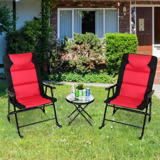 Costway 3 PCS Outdoor Folding Rocking Chair Table Set Bistro Sets Patio Furniture Red {1}
