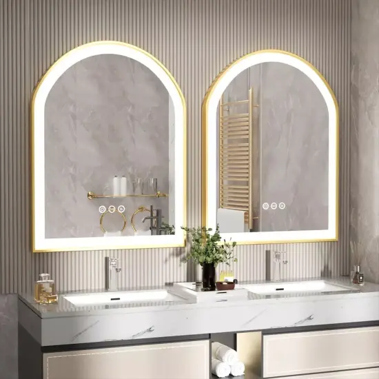 illuminated Gold LED Bathroom Mirror with Aluminum Framed for Vanity Dimmable HD {3}