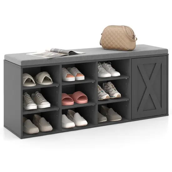 Costway Shoe Bench with Padded Cushion 9-cube Adjustable Storage Shoe Rack White/Grey/Rustic Brown {8}