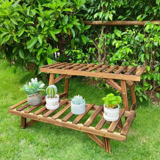 Freestanding 3 Tier Ladder Shelf Wood Plant Stand Indoor Outdoor Flower Pot Rack {4}