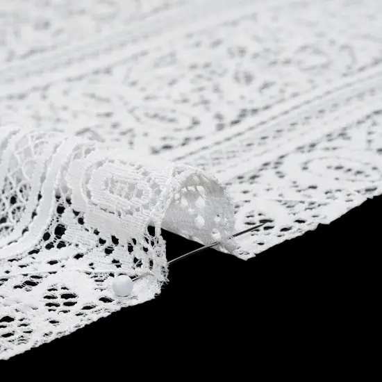 1 Yard Ivory Re-Embroidered Lace Fabric Floral Medallion Stripes Finished Edge Sheer 50 Inch Width {3}