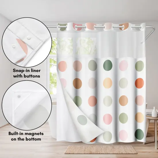 Americanflat 72x75 Hookless Shower Curtain - Polka Dot Green Orange Pink Shower Curtain with Sheer Panel, Snap-In Liner, and Grommets {4}