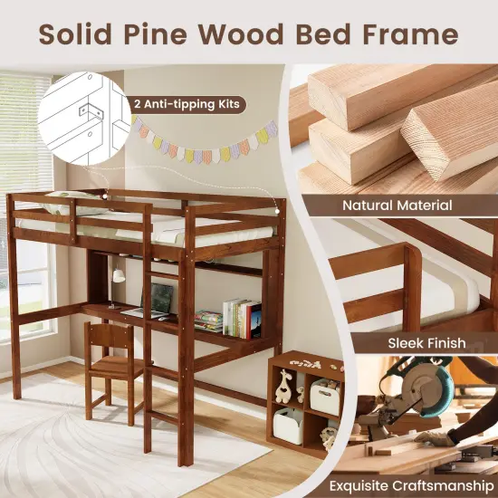 3-in-1 Twin Size Space-saving Loft Platform Bed Frame with 13 Wooden Slat and Safety Guardrails Brown {6}