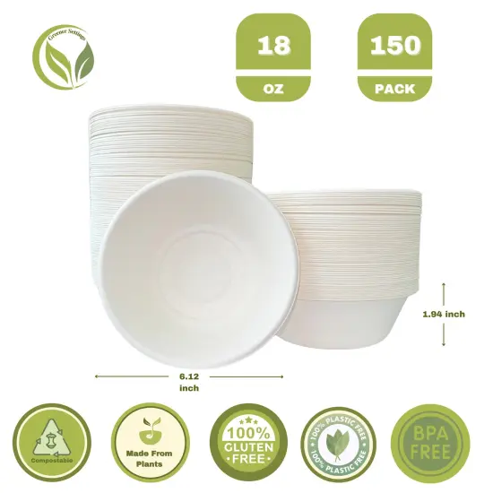 Greener Settings 150-Pack 18 oz Compostable Paper Bowls &ndash; Heavy-Duty Bagasse, Biodegradable, Microwavable, Grease-Resistant, for Hot Soups, Salads, and Snacks {4}