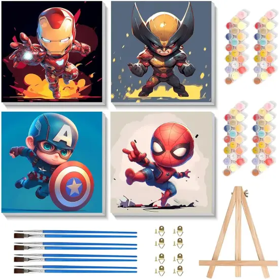 4 Pack Cartoon Paint by Numbers for Kids with Framed Canvas-with Wooden Easel, Paint by Number for Kids Ages 4-8-12, DIY Easy Acrylic Oil Painting Kits for Home Wall Decor (8X8inch) {1}