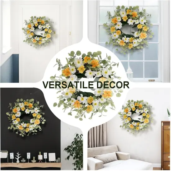 "Yellow Summer Floral Arrangement Wreath for Front Door, 20 Inch Artificial Wreath with Cosmos and Daisy Flowers, Tropical Wreath for Porch, Wall, and Window Home Decor" {4}