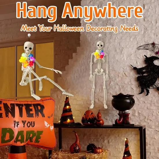 2 Pack Skeleton Decor With Wreathes, 16" Posable Plastic Mini Skeletons {4}