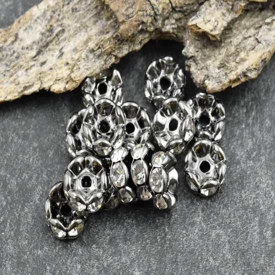 Gunmetal w/ Crystal Rhinestone Wavy Edge Rondelle Spacer Beads {4}