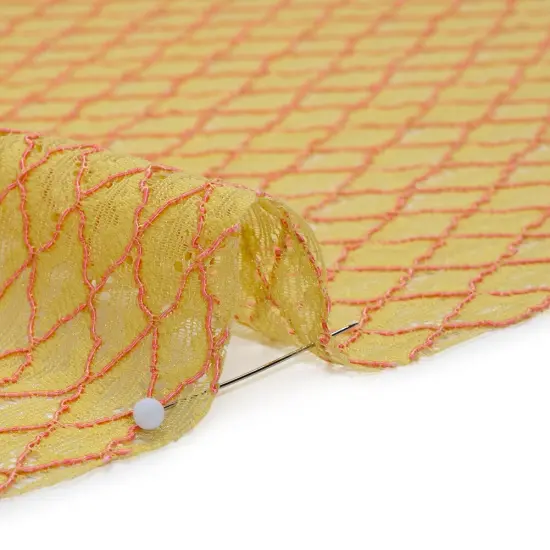 1 Yard Chartreuse Confetti Pink Corded Lace Fabric Diamond Lattice Eyelash Edge Sheer 50 Inch Width {3}