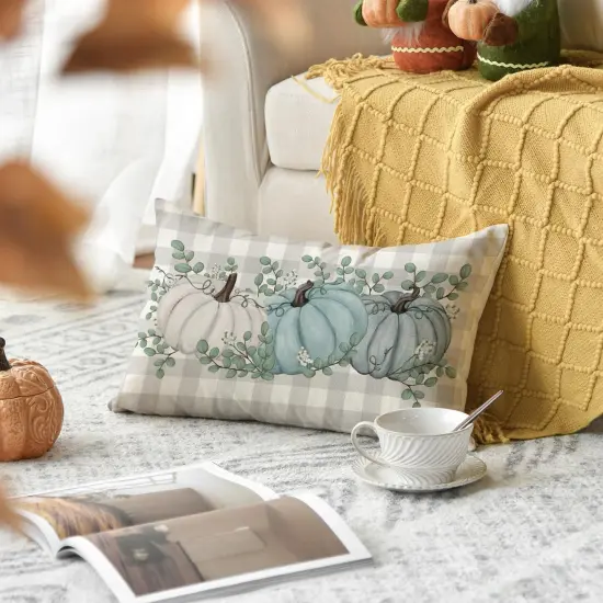 Buffalo Plaid Pumpkin Eucalyptus Leaves Throw Pillow Cover {2}