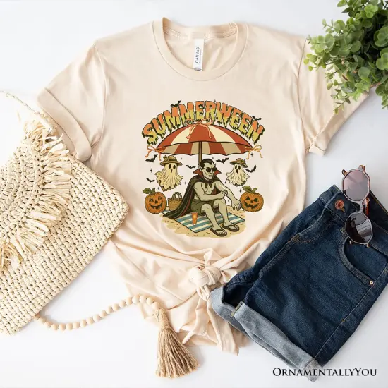 Summerween Vampire Dracula T-Shirt, Retro Halloween Beach Tee for Horror Spooky Summer Season {1}