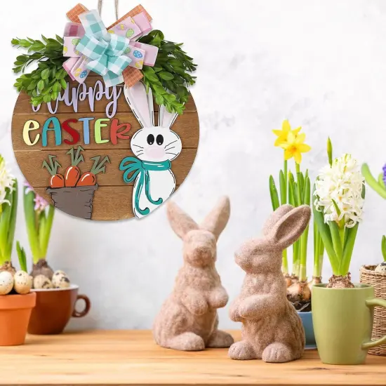 Easter Wreaths for Front Door,Easter Door Wooden Hanging Sign Happy Bunny Wreath Porch with Bow Decoration,Bunny Rabbit Spring Decorations for Home Decor (Pink) {3}