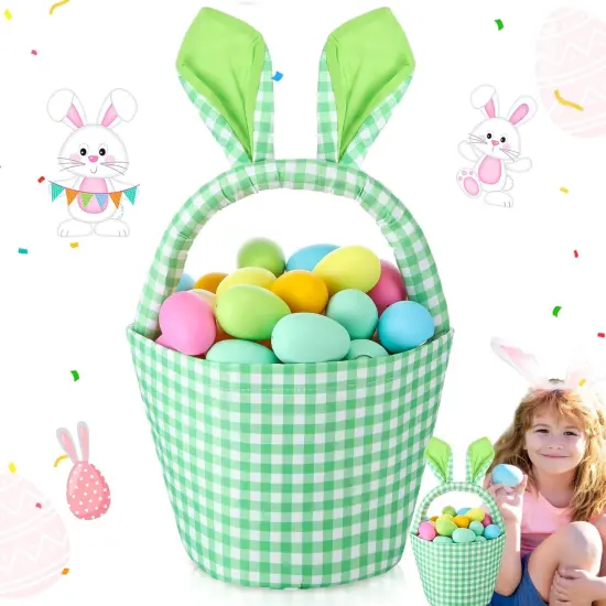 1 Piece Easter Bunny Basket Bags for Boys Girls with Cute Rabbit Ears Plaid Bucket Storage Gifts for Easter Egg Hunts Decorations Candy Gifts Storage {2}