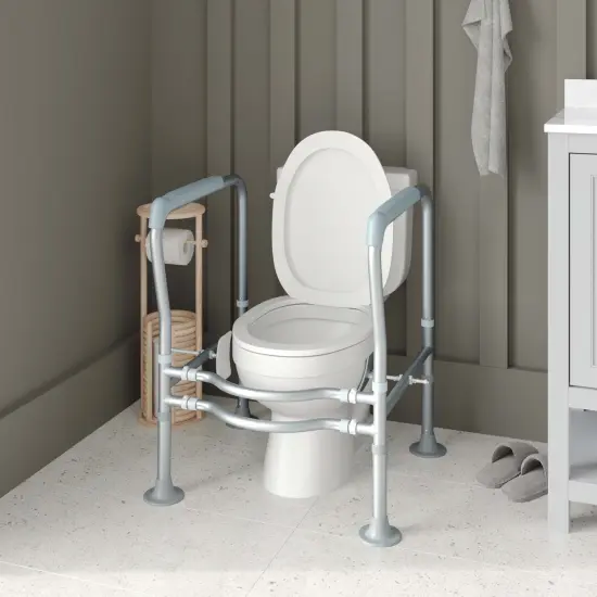 Emma and Oliver Ramsey Toilet Safety Rail for the Elderly with Height Adjustable Steel Frame, Padded Handles and Suction Cup Feet Silver/Gray {1}