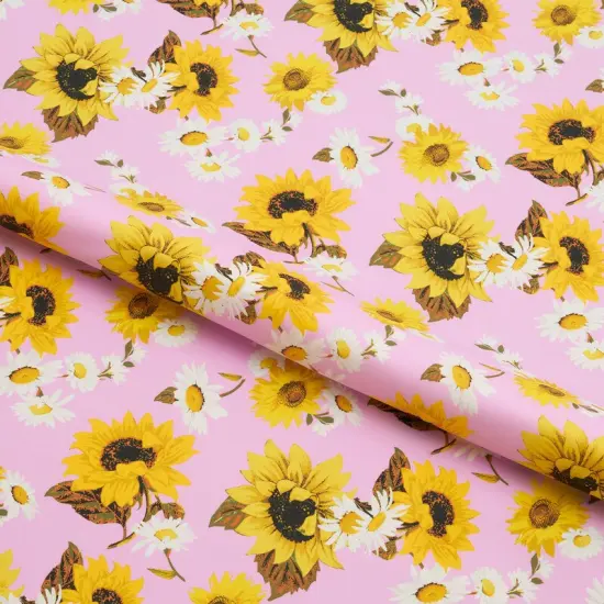 Sunflowers on Pale Pink Printed Spandex Fabric Multicolor {1}