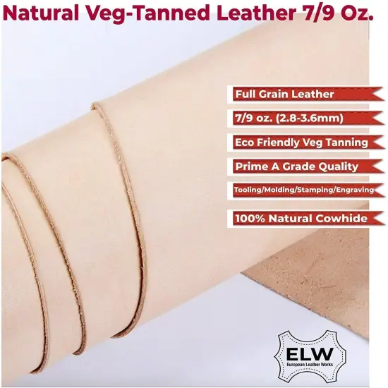 ELW 100% Veg Tan Full Grain Leather Cowhide Pre-Cut Pieces 7-9oz (2.8-3.6mm) - Import AA Grade Tooling Leather Hide - Vegetable Tanned Leather for Tooling,Carving,Molding,Dyeing {3}