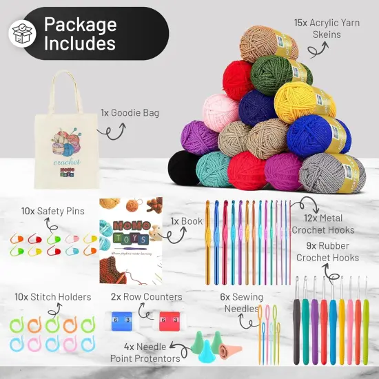 Beginner Crochet Kit - 58 PCS Starter Set - 15 Yarn Skeins & Multicolor Goodie Bag (Medium) {4}