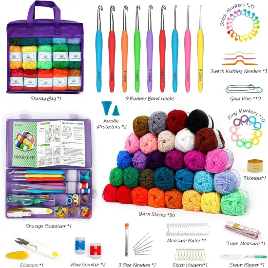 30-Color Crochet Yarn Kit &ndash; 1650 Yards with Hooks & Bag (Purple) {2}