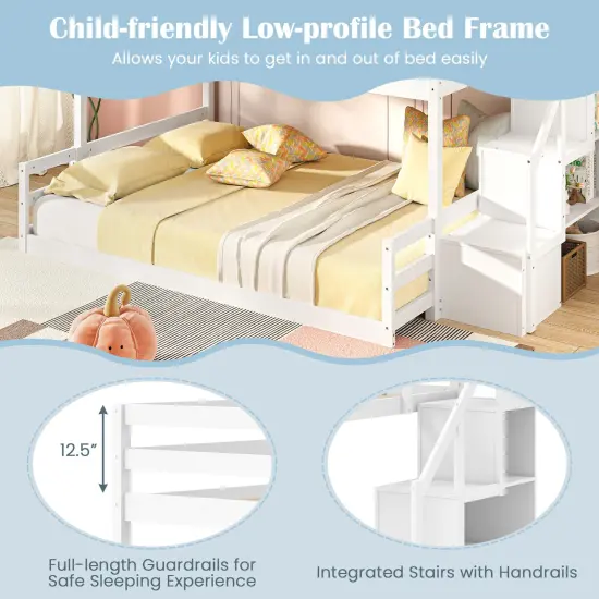 Space-Saving Wooden Twin Over Full Bunk Bed with Stair Storage and Safety Guardrails for Kids {4}