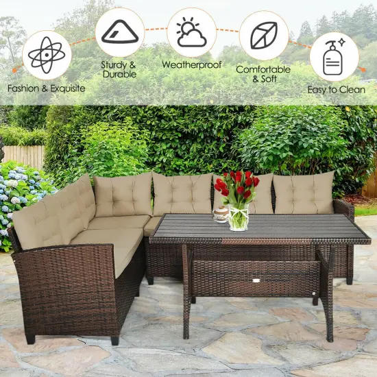 3 Pcs 6 Seats Rattan Dining Set Patio Furniture Sofa with Cushions {4}